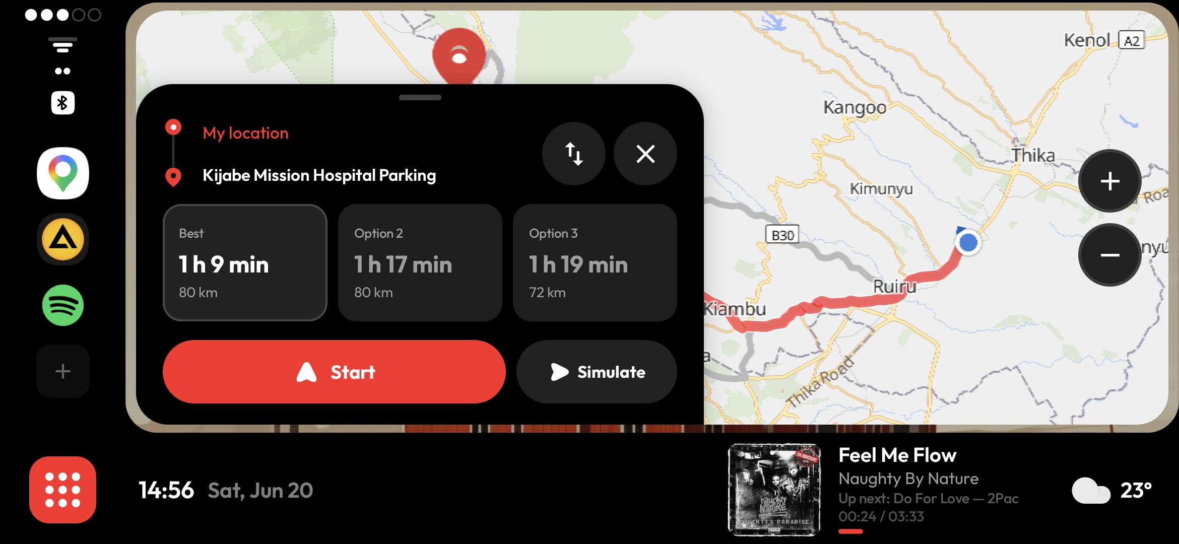 Mini AA Pro route planner showing three alternative routes over an offline map